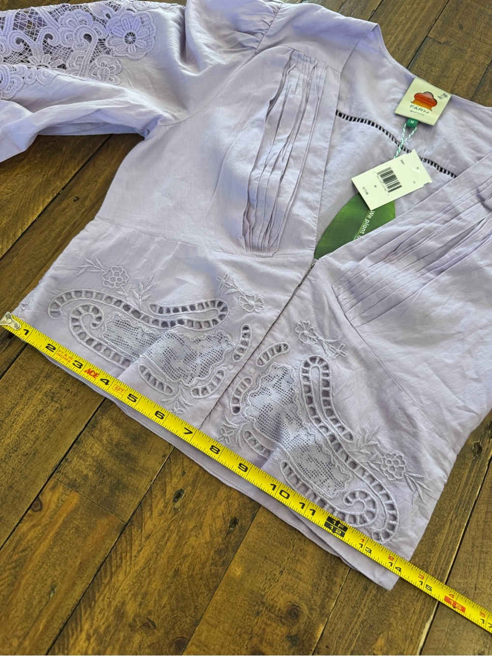 NWT FARM Rio Lilac Lace Blouse M $175 Embroidered Puff Sleeve Boho - Picture 13 of 14